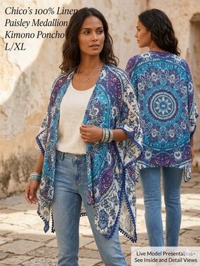 Chico's 100% Linen Paisley Medallion Open Front Kimono Poncho